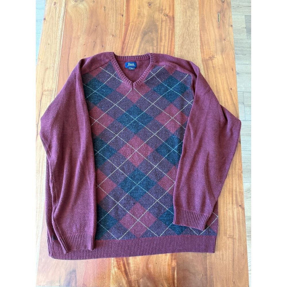 Bass GH Bass‎ & Co Mens XL Argyle Sweater V Neck Red Black Wool Blend